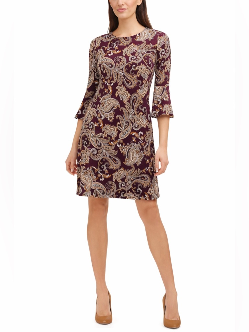 Tommy Hilfiger Paisley Bell Sleeve Shift Dress Burgundy Boho Casual Workwear 16
